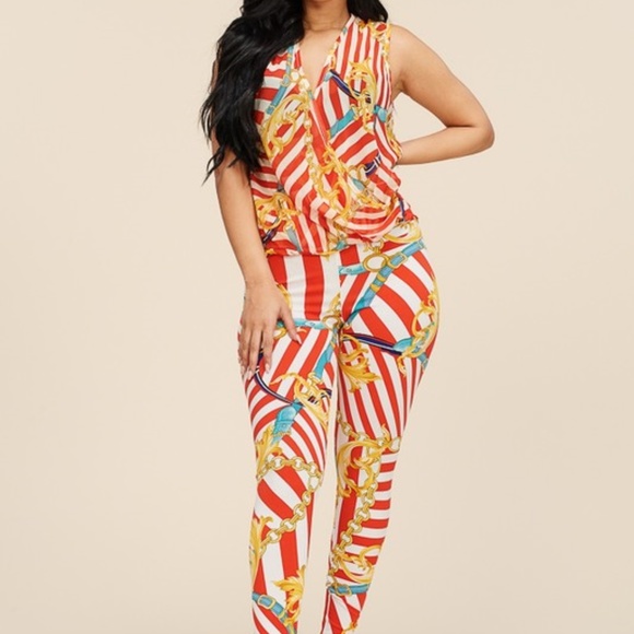 2pc Red Multi color print sleeveless leggings set - Picture 1 of 3